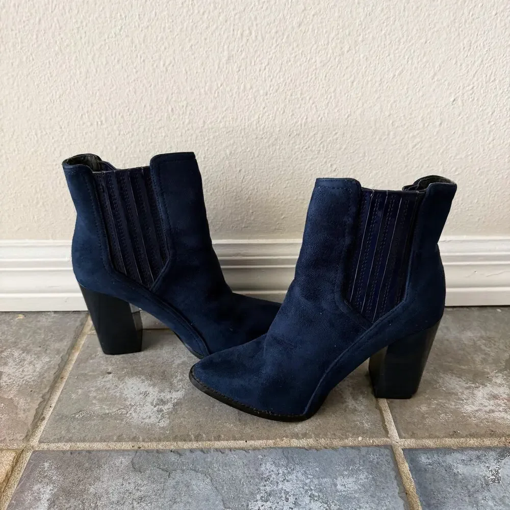 Franco Banetti Navy Suede Ankle Boots Point Toe Block Heel Size 6